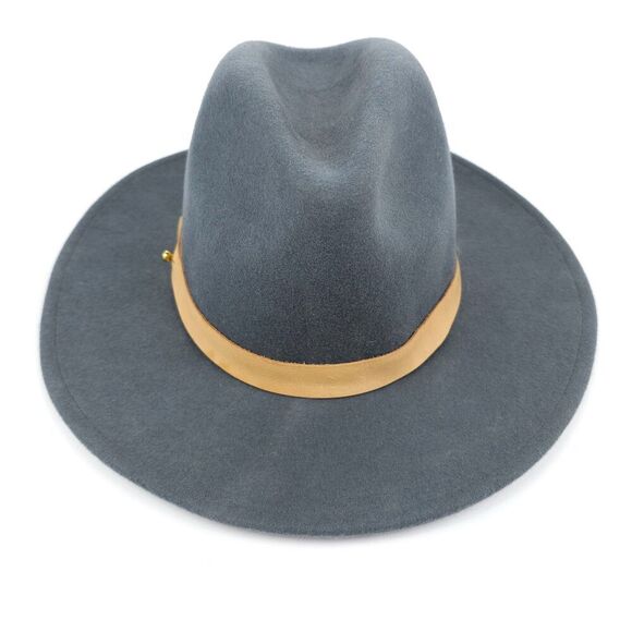 A LACK OF COLOR Rocco Wool Fedora Western Cowgirl Boho Hat Gray Tan Leather 57cm